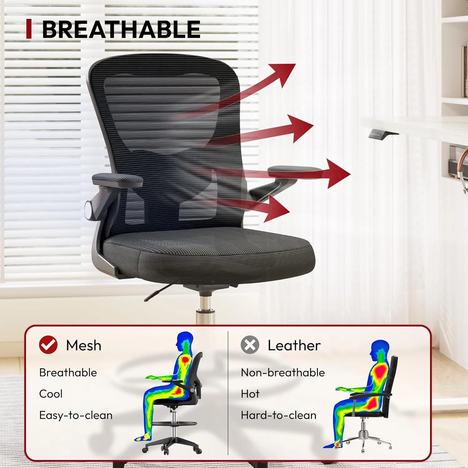 SANODESK Ergonomic Drafting Chair - Standing Desk Chair with Breathable Mesh 2D Lumbar Support 3D Flip up Armrest and Footring Rolling 360° Swivel Computer Chair for Home Office Black