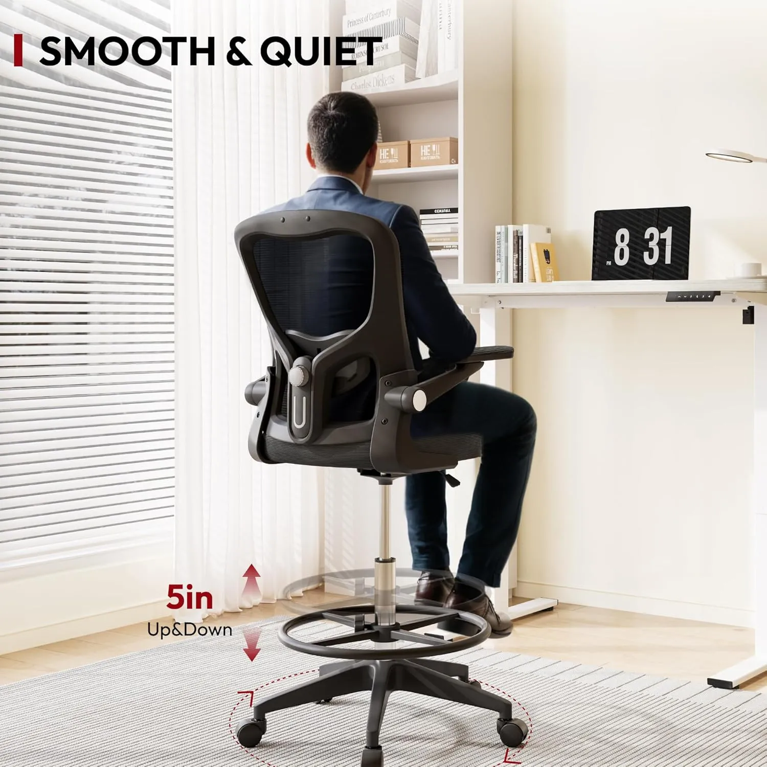 SANODESK Ergonomic Drafting Chair - Standing Desk Chair with Breathable Mesh 2D Lumbar Support 3D Flip up Armrest and Footring Rolling 360° Swivel Computer Chair for Home Office Black