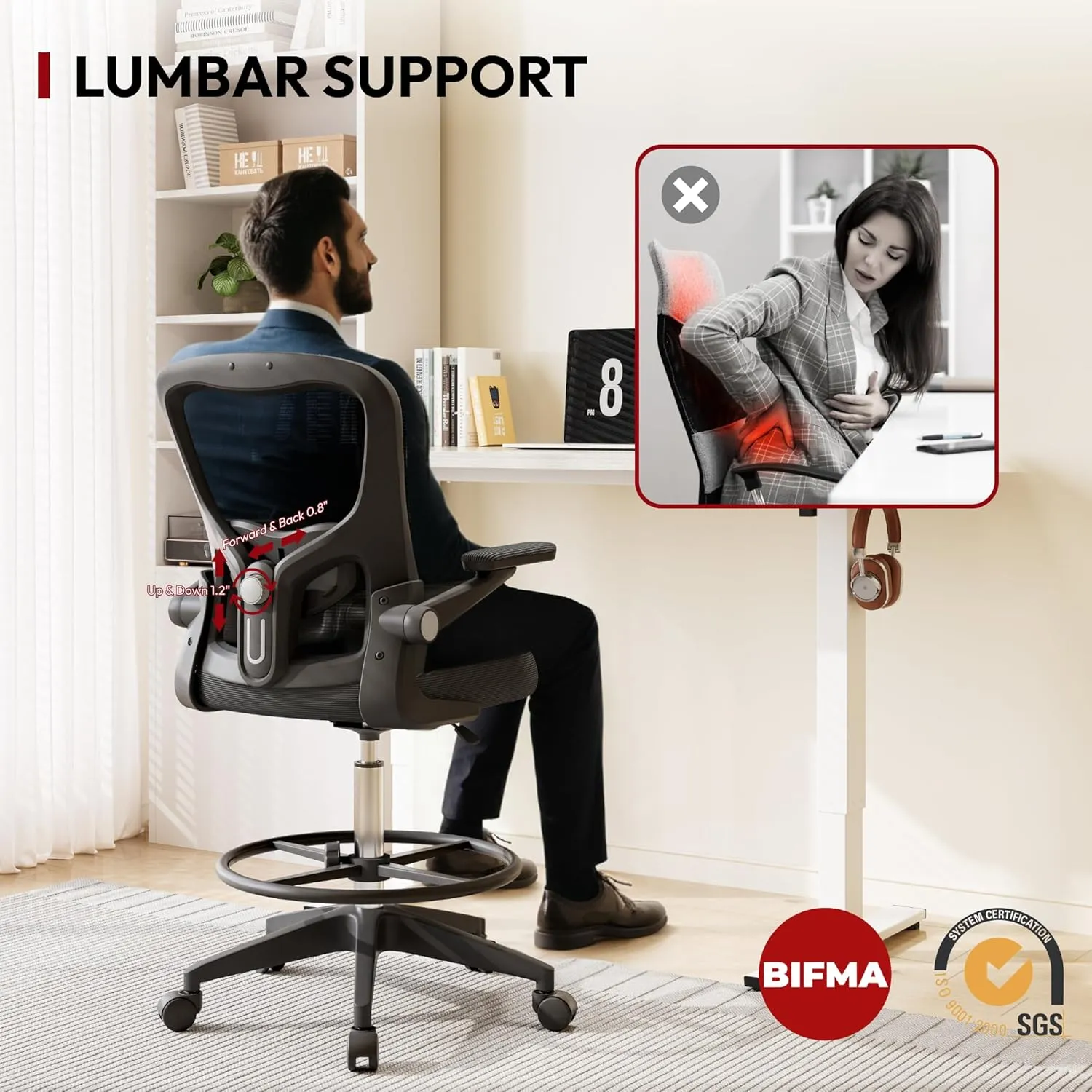 SANODESK Ergonomic Drafting Chair - Standing Desk Chair with Breathable Mesh 2D Lumbar Support 3D Flip up Armrest and Footring Rolling 360° Swivel Computer Chair for Home Office Black