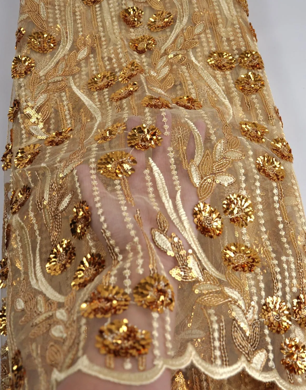 SanVera17 African Fabric 3D Sequins Net Fabrics Nigerian Embroidered Lace Fabric for Party Dress (Gold) 5 Yards 320301