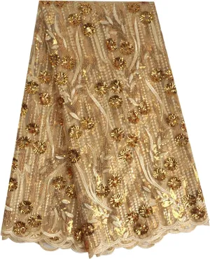 SanVera17 African Fabric 3D Sequins Net Fabrics Nigerian Embroidered Lace Fabric for Party Dress (Gold) 5 Yards 320301