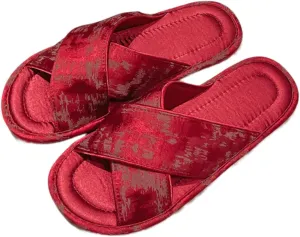 Satin Cross-Strap Slippers for Women Retro Flip-Flops Flower Decor Satin Upper Soft TPR Anti-Slip Soles Indoor Outdoor Slippers