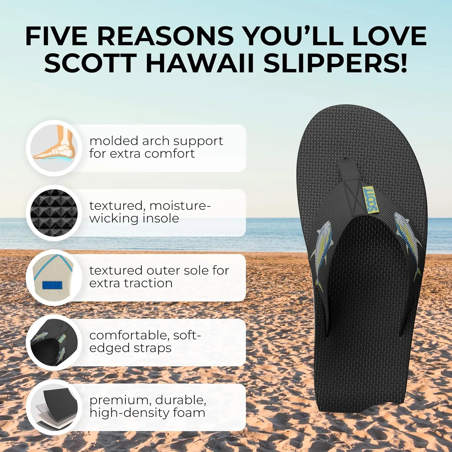 Scott Hawaii Men's Hokulea Sandal | Tubular Nylon Strap Rolls Against Skin | Molded Outolse With Arch Support And Heel Cup | Non-Marking No-Slip | Marine And Boat Friendly Flip Flop