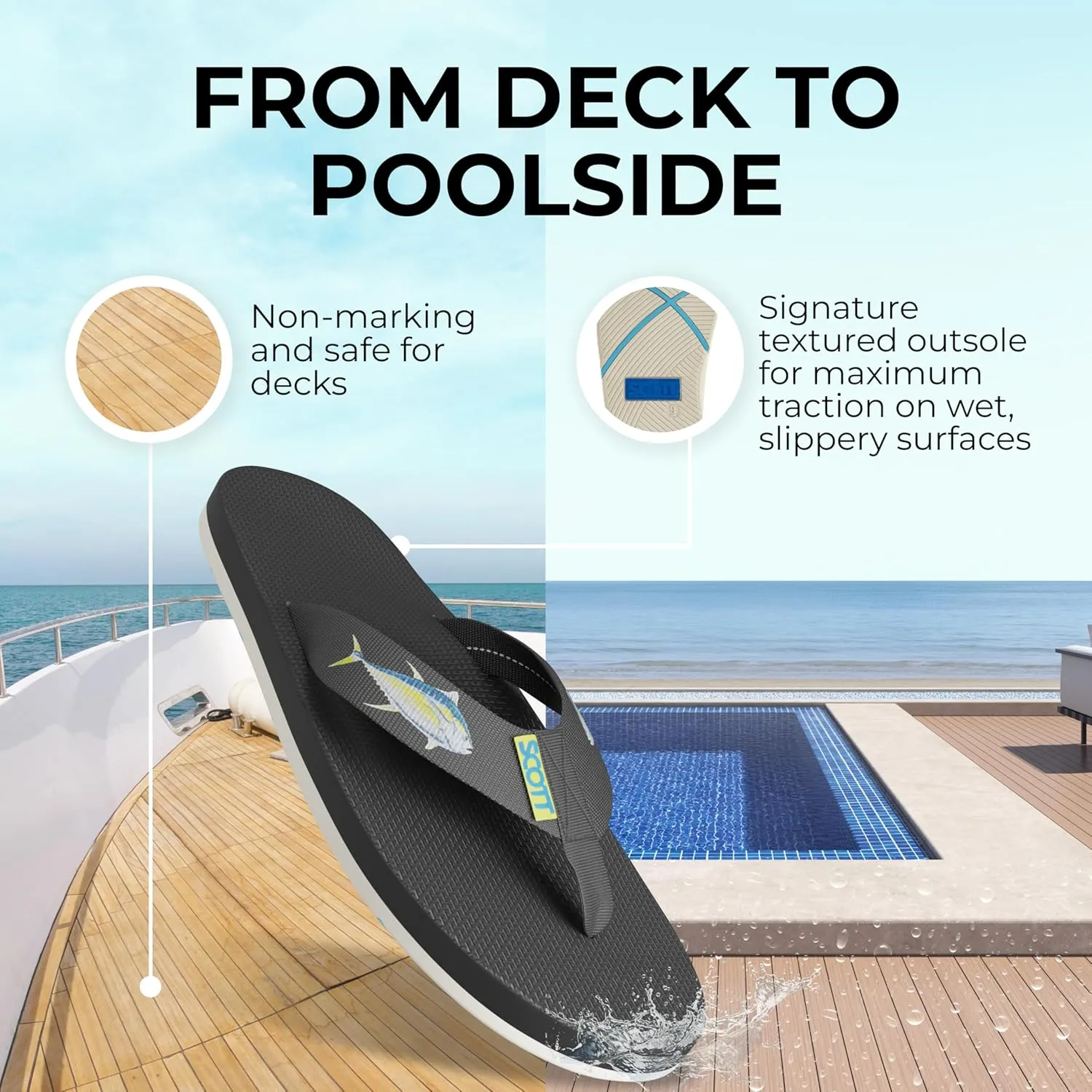 Scott Hawaii Men's Hokulea Sandal | Tubular Nylon Strap Rolls Against Skin | Molded Outolse With Arch Support And Heel Cup | Non-Marking No-Slip | Marine And Boat Friendly Flip Flop