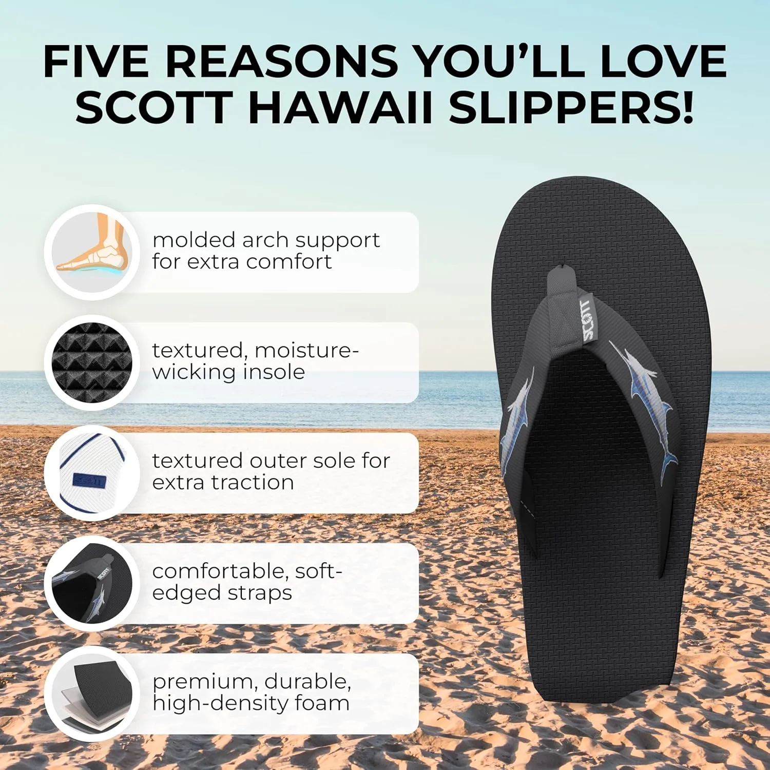 Scott Hawaii Men's Hokulea Sandal | Tubular Nylon Strap Rolls Against Skin | Molded Outolse With Arch Support And Heel Cup | Non-Marking No-Slip | Marine And Boat Friendly Flip Flop