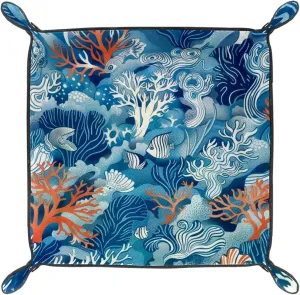 Sea Coral Fish Microfiber Leather Dice Trays Folding for RPG DND Table Games, Leather Dice Holder Storage Box Portable Folding Rolling Dice Tray, 20.5x20.5cm