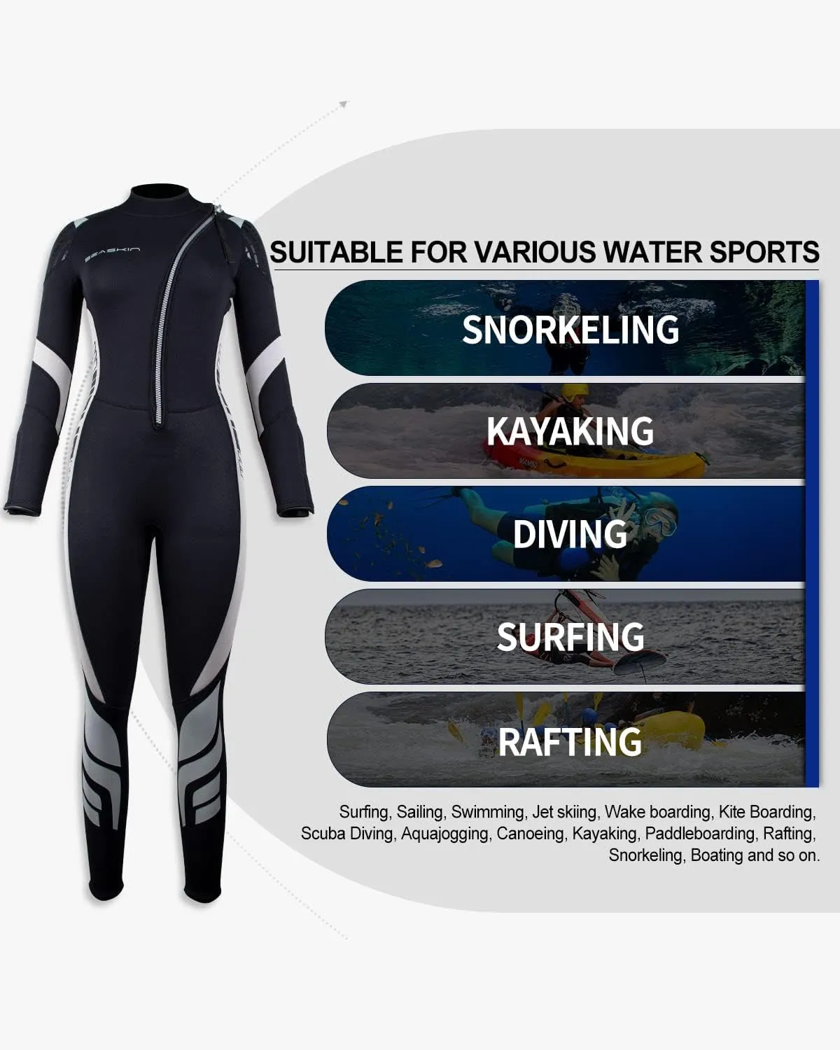 Seaskin Wetsuits for Men Women 3mm Front Zip Full Wetsuit