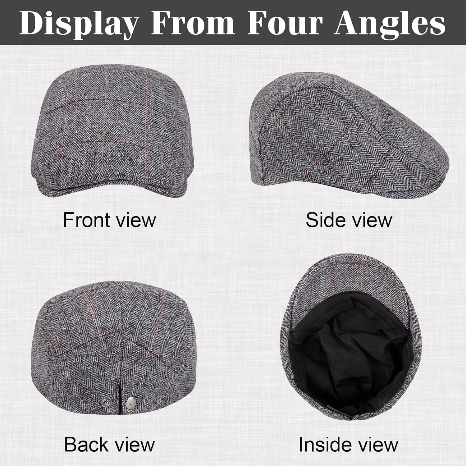 Senker Fashion 2 Pack Newsboy Cap for Men Adjustable Herringbone Tweed Wool Hats Blend Flat Cap Ivy Cabbie Driving Hat