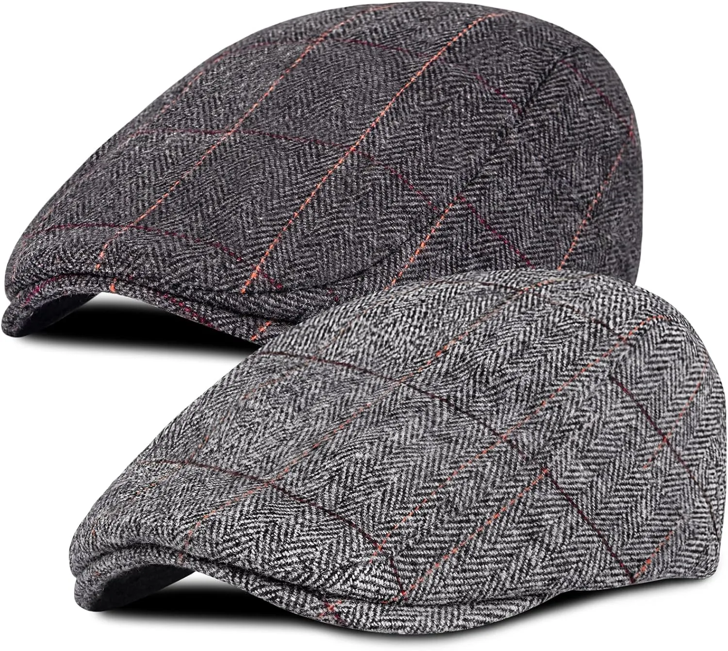 Senker Fashion 2 Pack Newsboy Cap for Men Adjustable Herringbone Tweed Wool Hats Blend Flat Cap Ivy Cabbie Driving Hat