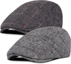 Senker Fashion 2 Pack Newsboy Cap for Men Adjustable Herringbone Tweed Wool Hats Blend Flat Cap Ivy Cabbie Driving Hat
