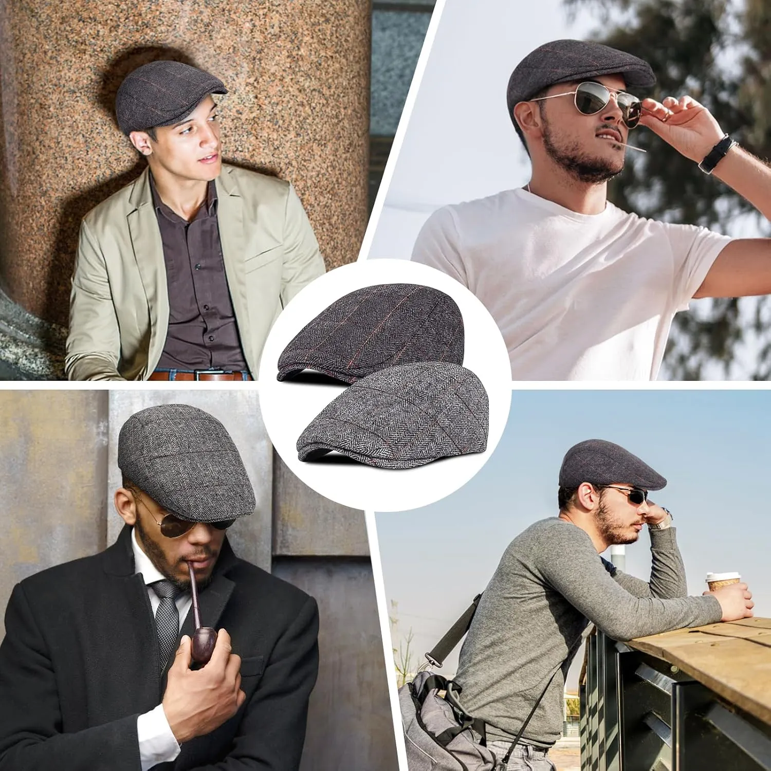 Senker Fashion 2 Pack Newsboy Cap for Men Adjustable Herringbone Tweed Wool Hats Blend Flat Cap Ivy Cabbie Driving Hat