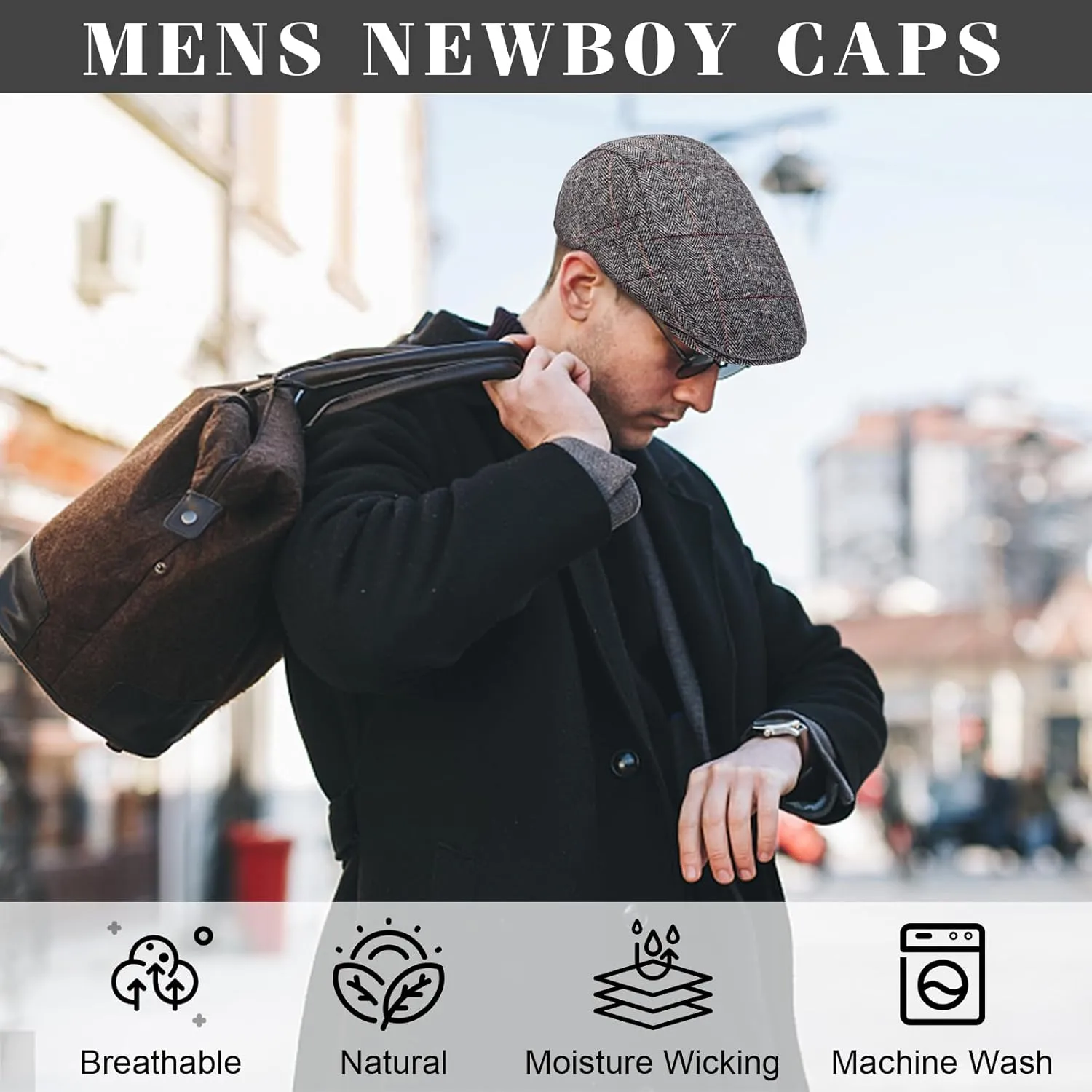 Senker Fashion 2 Pack Newsboy Cap for Men Adjustable Herringbone Tweed Wool Hats Blend Flat Cap Ivy Cabbie Driving Hat