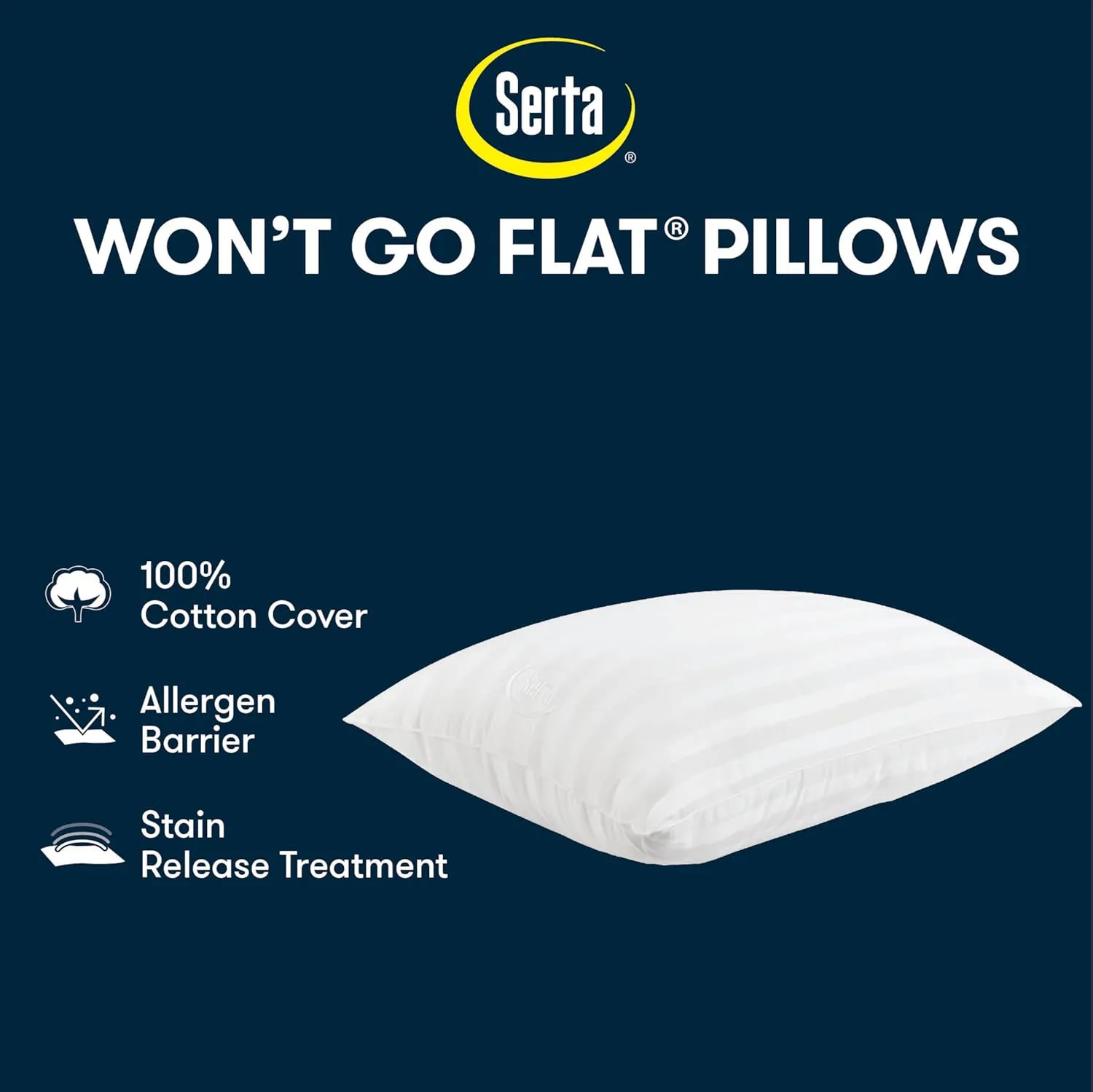 Serta Won't Go Flat Standard/Queen Size Set of 2 Down Alternative Bed Pillows, Extra Life Foam Core with Medium Support, Perfect for Back, Stomach or Side Sleepers, White 2 Count