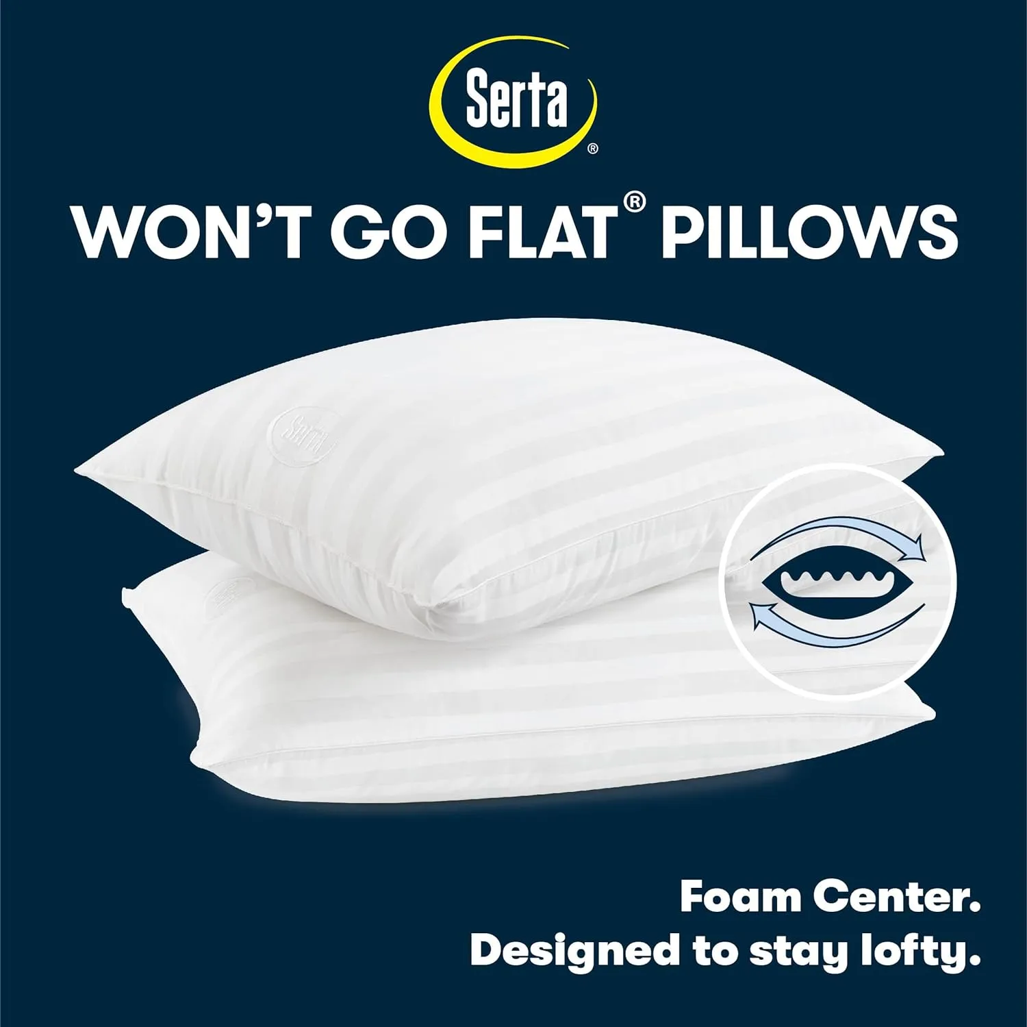 Serta Won't Go Flat Standard/Queen Size Set of 2 Down Alternative Bed Pillows, Extra Life Foam Core with Medium Support, Perfect for Back, Stomach or Side Sleepers, White 2 Count