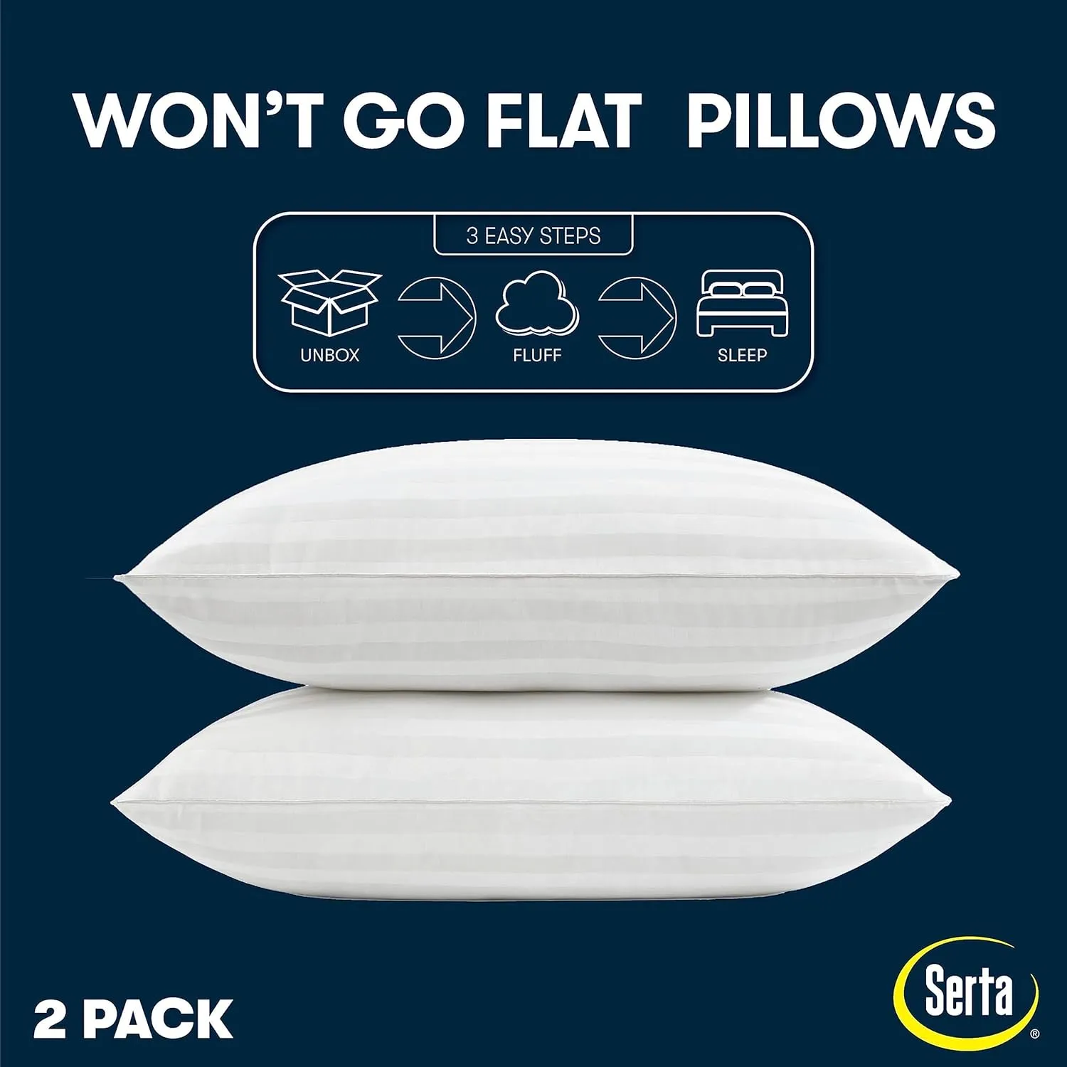 Serta Won't Go Flat Standard/Queen Size Set of 2 Down Alternative Bed Pillows, Extra Life Foam Core with Medium Support, Perfect for Back, Stomach or Side Sleepers, White 2 Count
