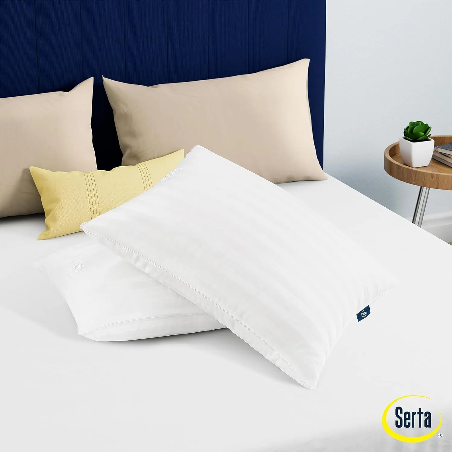 Serta Won't Go Flat Standard/Queen Size Set of 2 Down Alternative Bed Pillows, Extra Life Foam Core with Medium Support, Perfect for Back, Stomach or Side Sleepers, White 2 Count