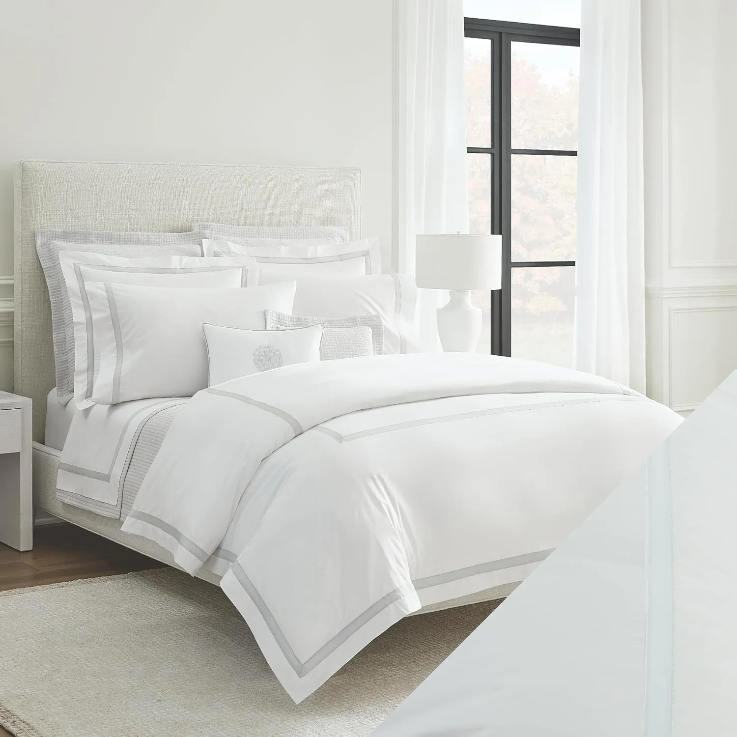 Sferra Estate Collection - 100% Long-Staple 200 Thread Count Cotton Percale with Sateen Appliqué - Cooling, Soft, and Breathable Bed Linens, 4pc King Sheet Set, White/White