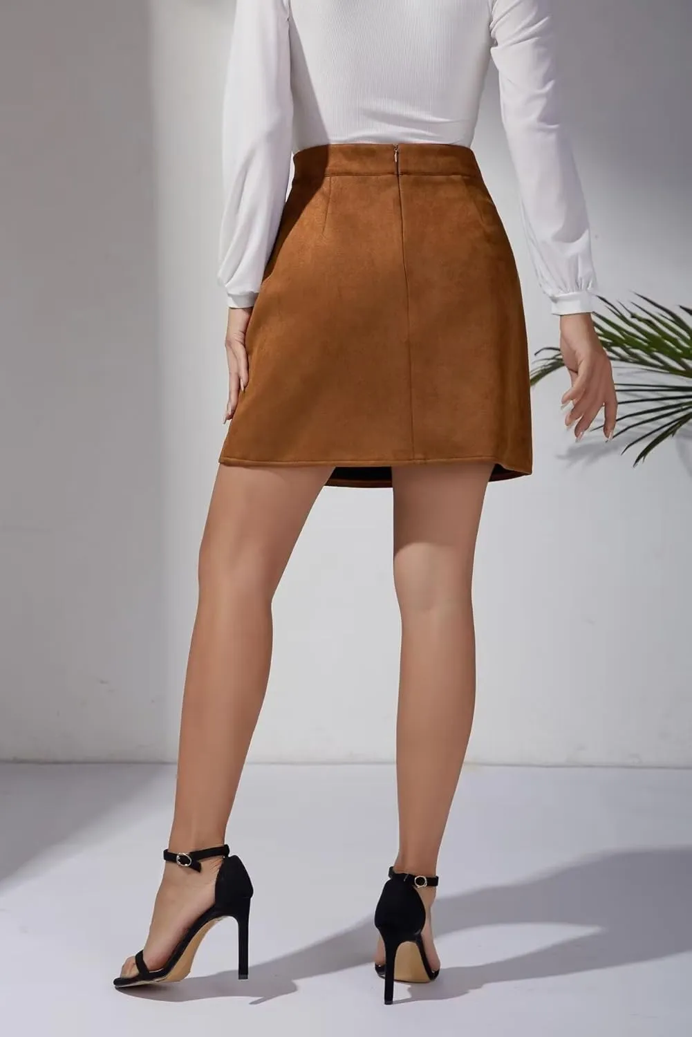 Sheface Women's Faux Suede Irregular Hem Skirt Solid High Waist Zipper A-Line Mini Bodycon Skirt