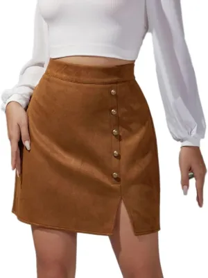 Sheface Women's Faux Suede Irregular Hem Skirt Solid High Waist Zipper A-Line Mini Bodycon Skirt