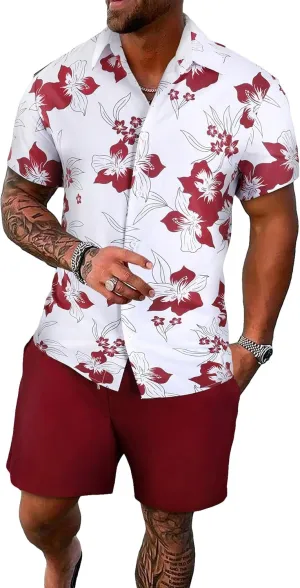 SHENHE Men's 2 Piece Outfits Short Sleeve Button Down Casual Shirt and Shorts Sets