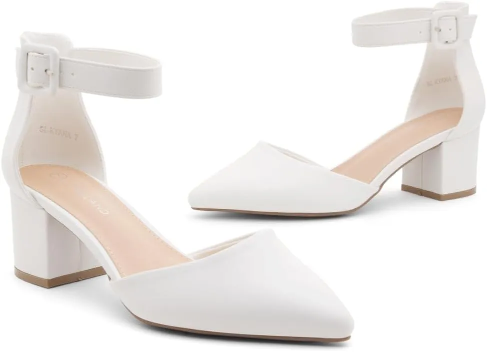 Shoe Land Women's Closed Toe Heels, Comfortable Low Block 2.25 Inch Heel Pumps for Work Office & Business Casual, Pointed Toe Dress Shoes with Adjustable Ankle Straps