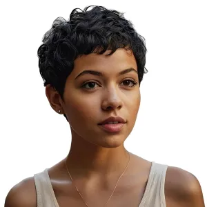 Short Pixie Wig for Black Women - Natural Black Curly Wavy Synthetic Hair With Bangs, African American Perm Cut
