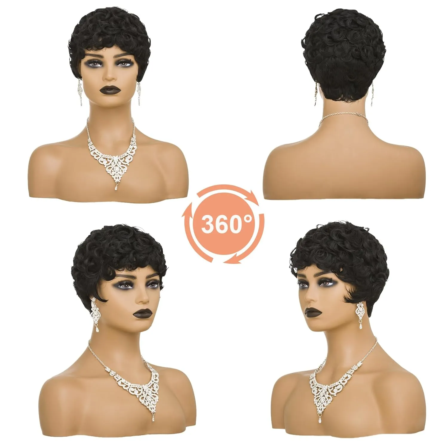 Short Pixie Wig for Black Women - Natural Black Curly Wavy Synthetic Hair With Bangs, African American Perm Cut