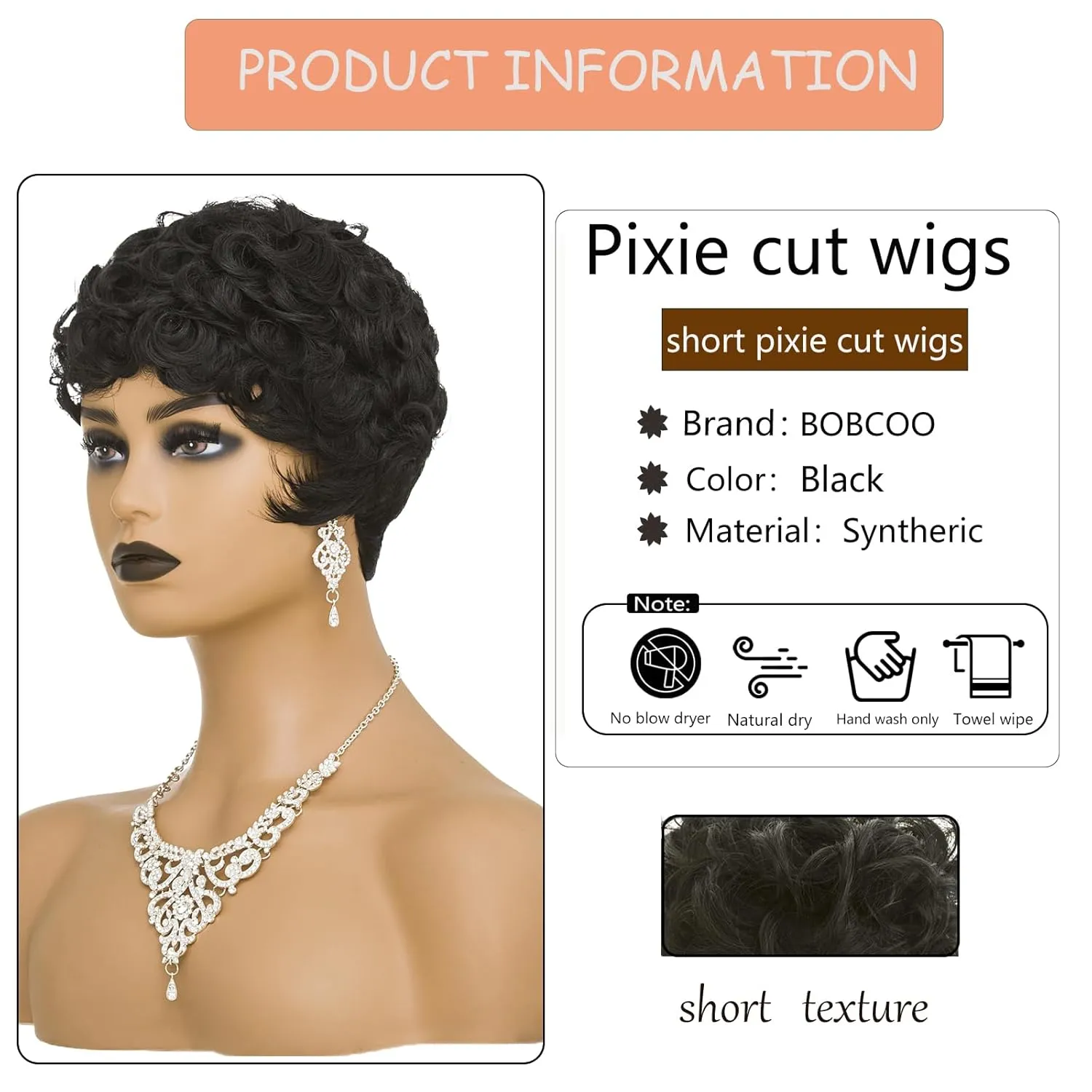 Short Pixie Wig for Black Women - Natural Black Curly Wavy Synthetic Hair With Bangs, African American Perm Cut