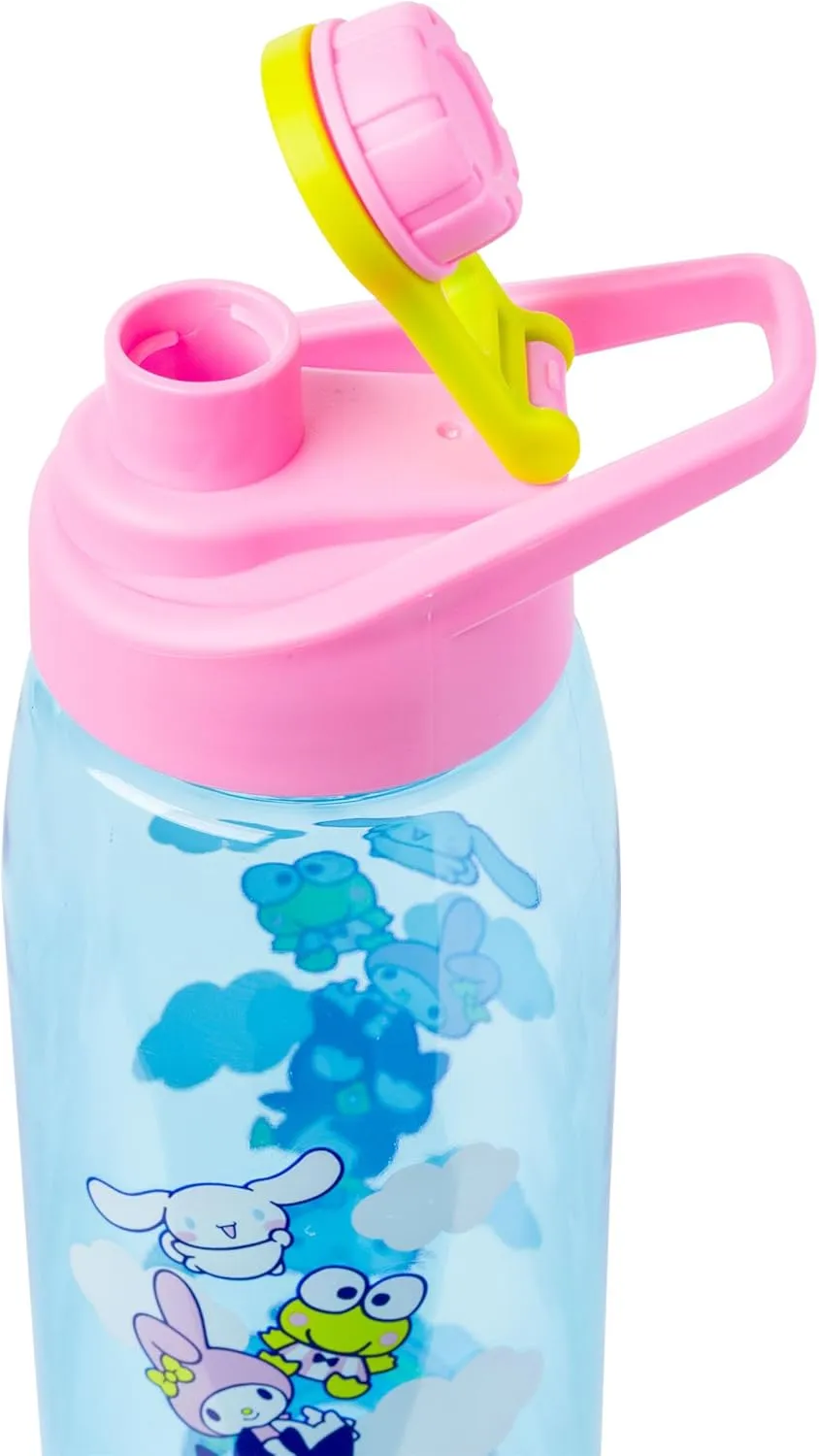 Silver Buffalo Sanrio Hello Kitty and Friends on a Rainbow Featuring Badtz-Maru, My Melody, Keroppi, and Cinnamoroll Water Bottle with Screw-On Lid, 28 Ounces