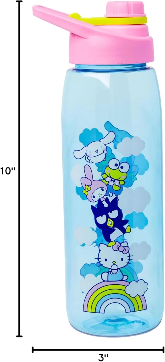 Silver Buffalo Sanrio Hello Kitty and Friends on a Rainbow Featuring Badtz-Maru, My Melody, Keroppi, and Cinnamoroll Water Bottle with Screw-On Lid, 28 Ounces