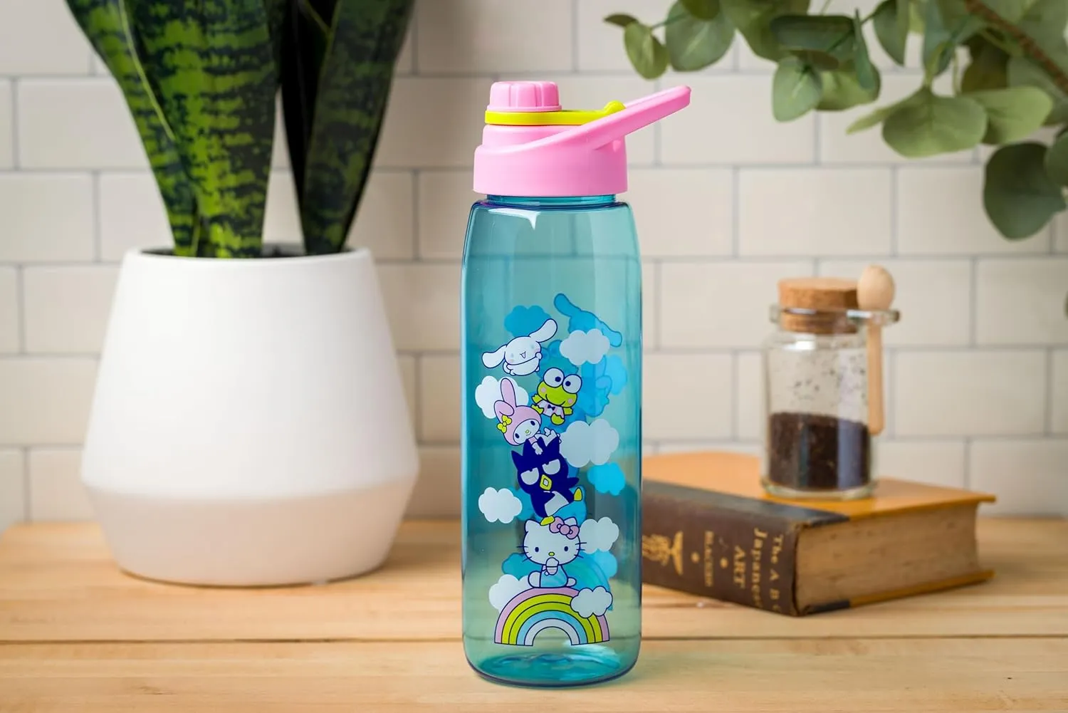 Silver Buffalo Sanrio Hello Kitty and Friends on a Rainbow Featuring Badtz-Maru, My Melody, Keroppi, and Cinnamoroll Water Bottle with Screw-On Lid, 28 Ounces