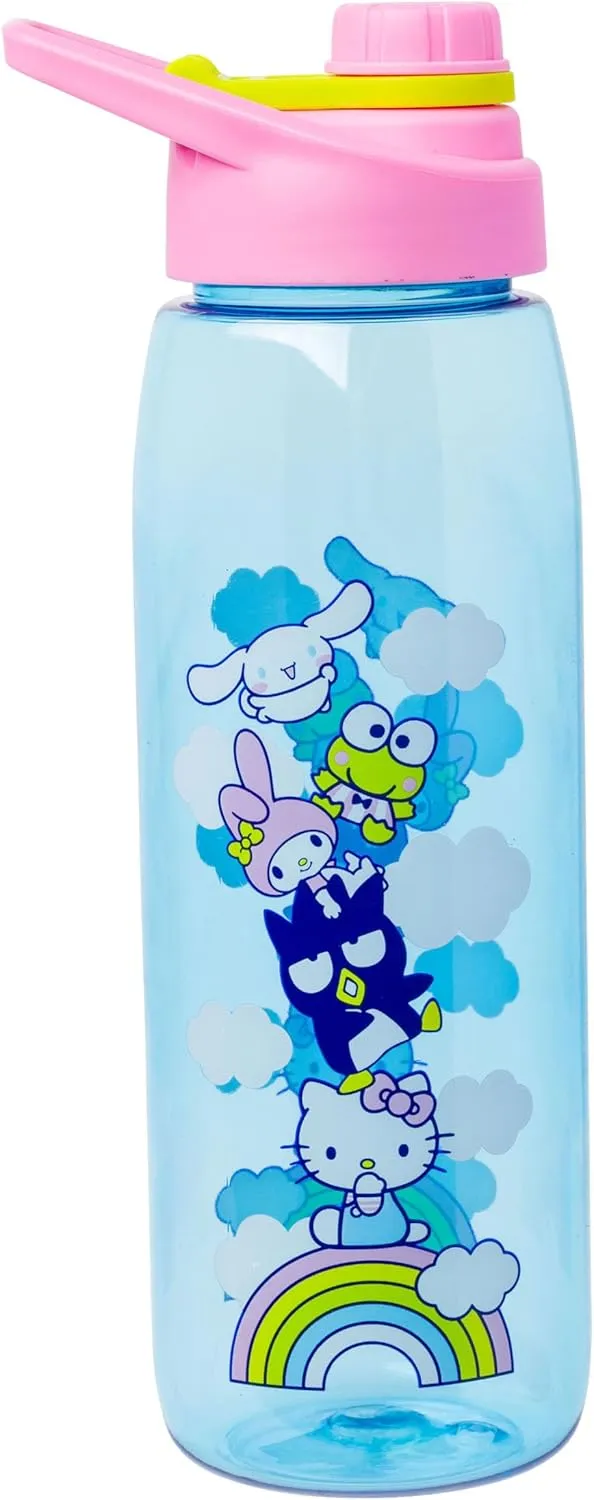 Silver Buffalo Sanrio Hello Kitty and Friends on a Rainbow Featuring Badtz-Maru, My Melody, Keroppi, and Cinnamoroll Water Bottle with Screw-On Lid, 28 Ounces