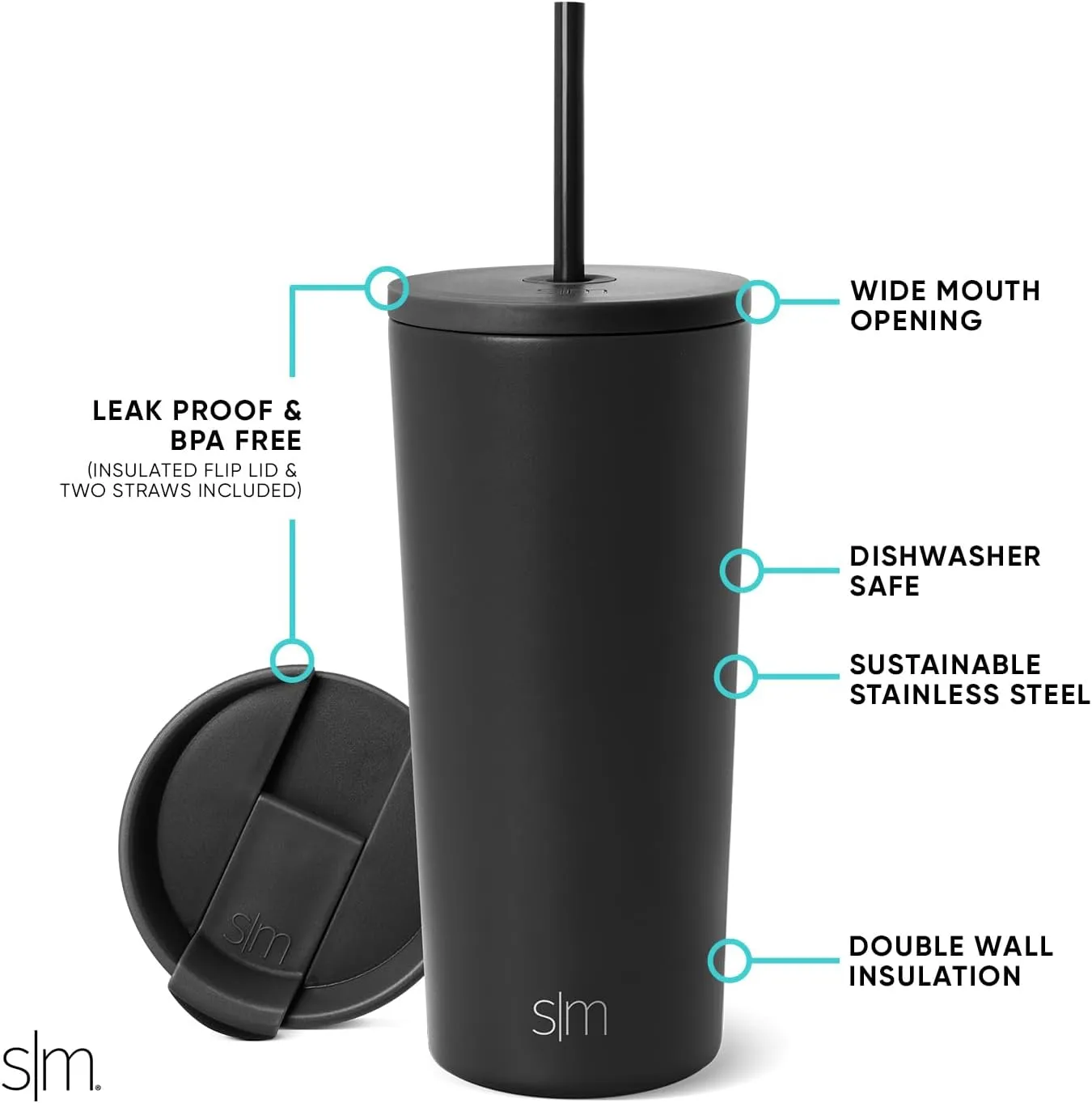 Simple Modern Insulated Tumbler with Lid and Straw | Iced Coffee Cup Reusable Stainless Steel Water Bottle Travel Mug | Gifts for Women Men Her Him | Classic Collection | 20oz | Midnight Black