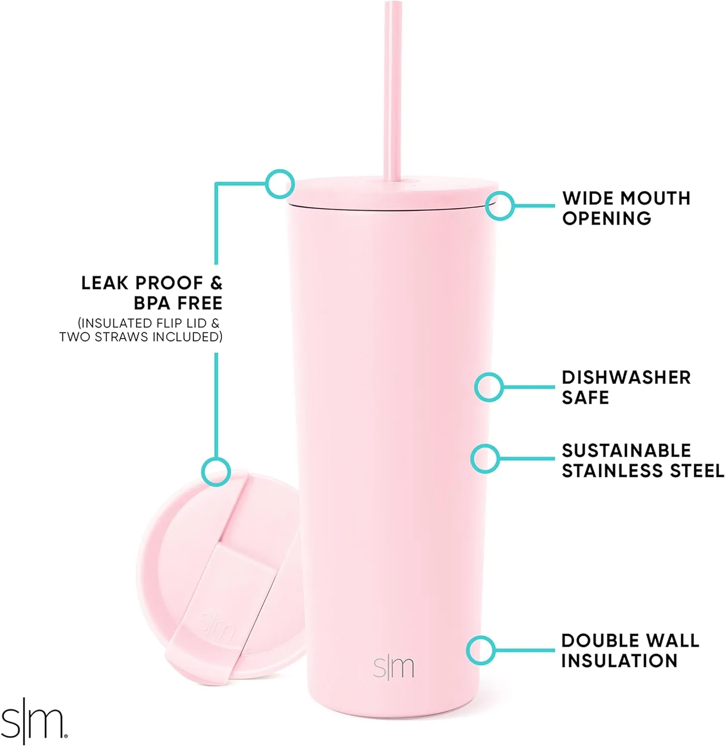 Simple Modern Insulated Tumbler with Lid and Straw | Iced Coffee Cup Reusable Stainless Steel Water Bottle Travel Mug | Gifts for Women Men Her Him | Classic Collection | 24oz | Blush