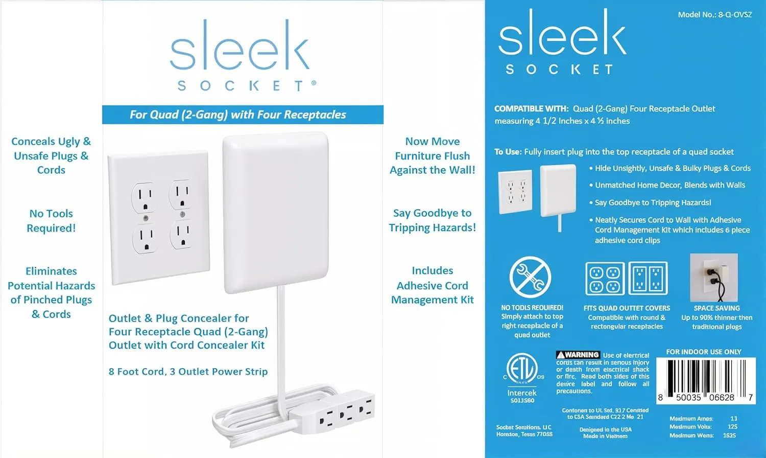 Sleek Socket Outlet & Plug Concealer for Wall Outlet with Cord Concealer Kit, 8-Foot Flat Extension Cord with Multi Outlets Power Strip, Ideal for Home Offices