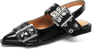 Slingback Flats Cloud Shoes for Women,Ballerinas Buckle Ballet Flats for Women，Pointed Toe Wide Welt Squared Block Heel Dress Shoes