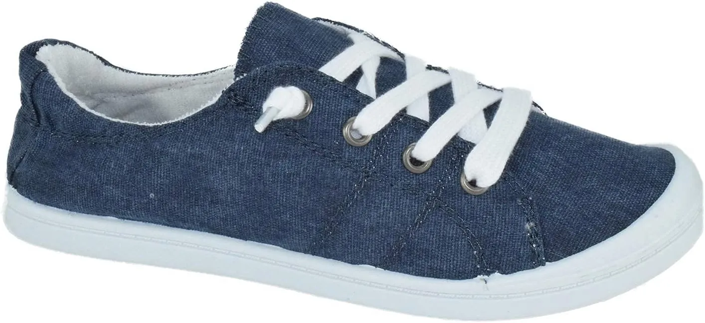 Soda Flat Women Shoes Linen Canvas Slip On Sneakers Lace Up Style Loafers Zig-S, 6, Navy