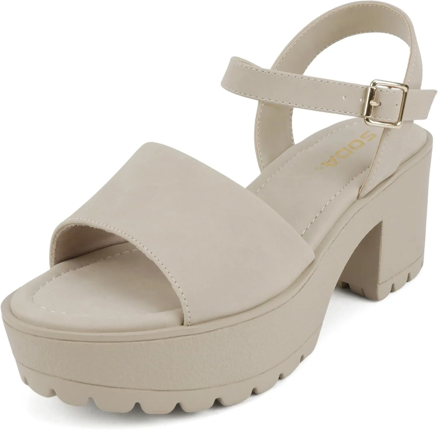 Soda “Stacie” ~ Women Open Toe Lug Sole Mid Block Heeled Sandals with Adjustable Ankle Strap