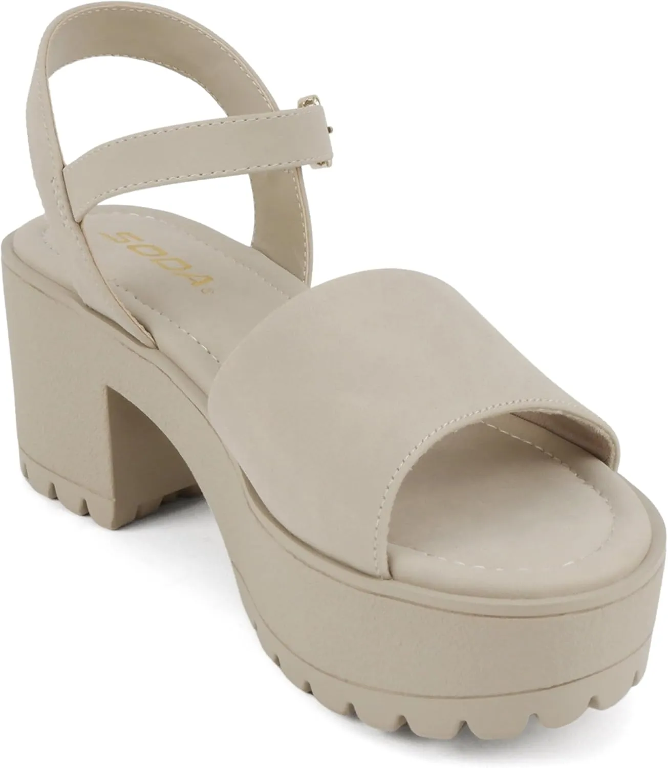 Soda “Stacie” ~ Women Open Toe Lug Sole Mid Block Heeled Sandals with Adjustable Ankle Strap