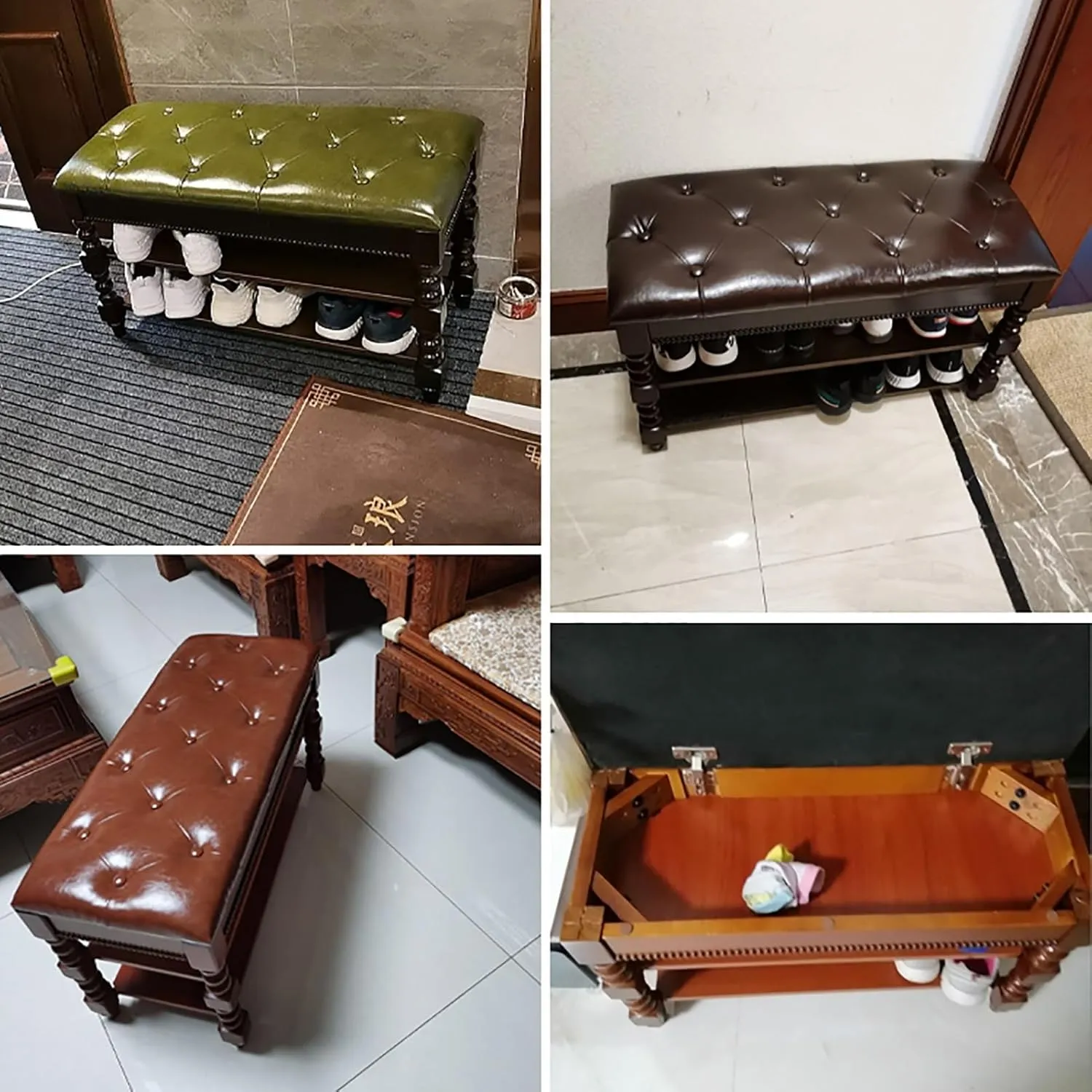 Solid Wood Shoe Bench with Hidden Storage Box and Cushion - Green (47.2 * 13.7 * 18.9in) - Store Large Size Shoes, High Heels, Mid-top Shoes - Organizer and Comfortable Seating