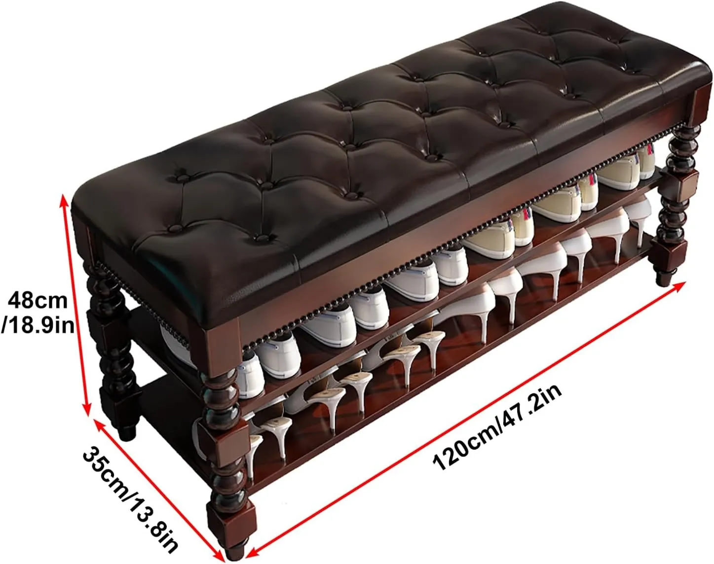 Solid Wood Shoe Bench with Hidden Storage Box and Cushion - Green (47.2 * 13.7 * 18.9in) - Store Large Size Shoes, High Heels, Mid-top Shoes - Organizer and Comfortable Seating