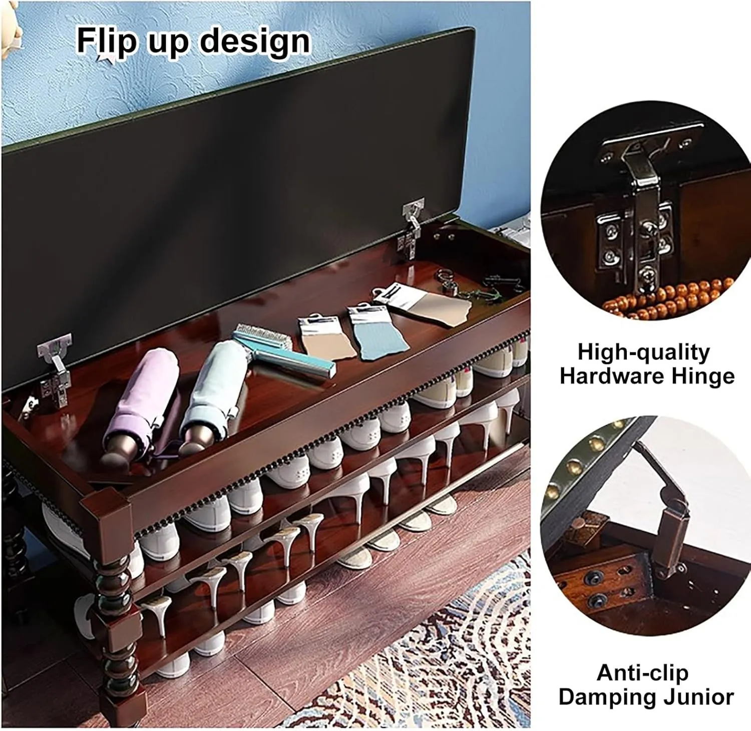 Solid Wood Shoe Bench with Hidden Storage Box and Cushion - Green (47.2 * 13.7 * 18.9in) - Store Large Size Shoes, High Heels, Mid-top Shoes - Organizer and Comfortable Seating