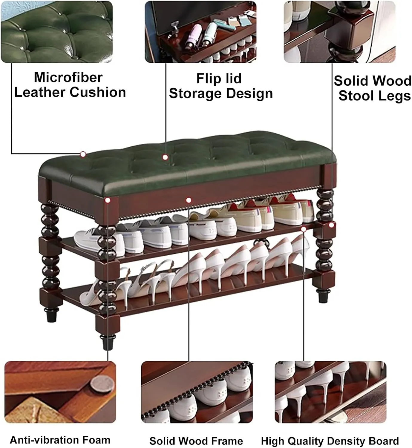 Solid Wood Shoe Bench with Hidden Storage Box and Cushion - Green (47.2 * 13.7 * 18.9in) - Store Large Size Shoes, High Heels, Mid-top Shoes - Organizer and Comfortable Seating