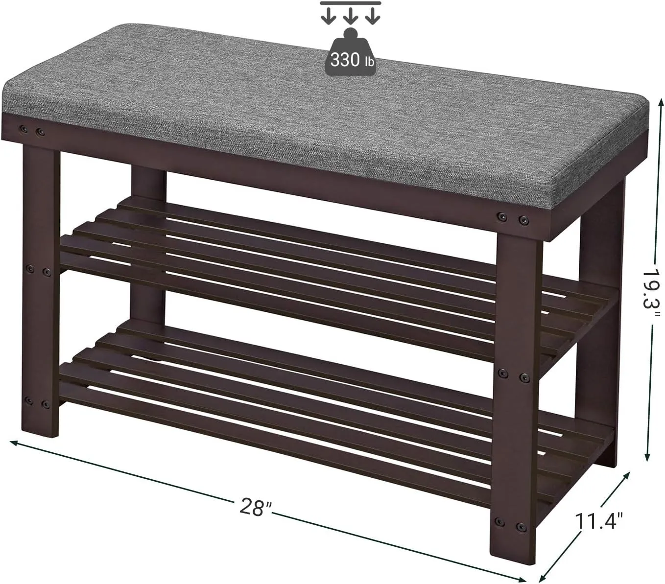 SONGMICS Bamboo Shoe Bench, 3-Tier Shoe Rack Organizer for Entryway, Living Room, Bench Seat Holds Up to 330 lb, 11.4 x 28 x 19.3 Inches, Brown and Gray ULBS604CG