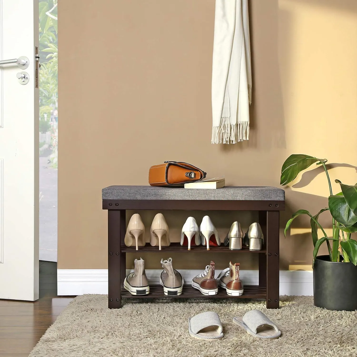 SONGMICS Bamboo Shoe Bench, 3-Tier Shoe Rack Organizer for Entryway, Living Room, Bench Seat Holds Up to 330 lb, 11.4 x 28 x 19.3 Inches, Brown and Gray ULBS604CG