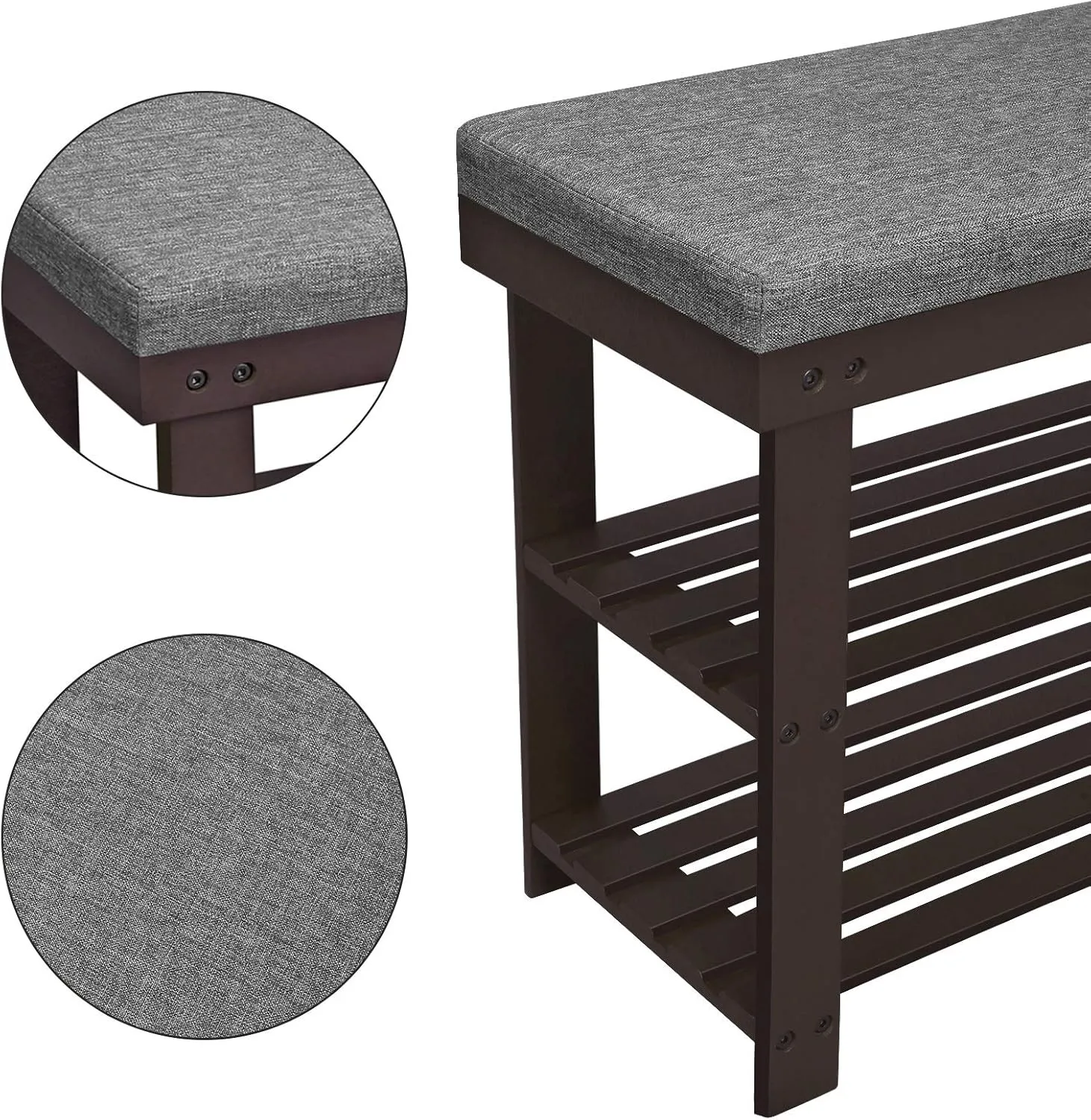 SONGMICS Bamboo Shoe Bench, 3-Tier Shoe Rack Organizer for Entryway, Living Room, Bench Seat Holds Up to 330 lb, 11.4 x 28 x 19.3 Inches, Brown and Gray ULBS604CG