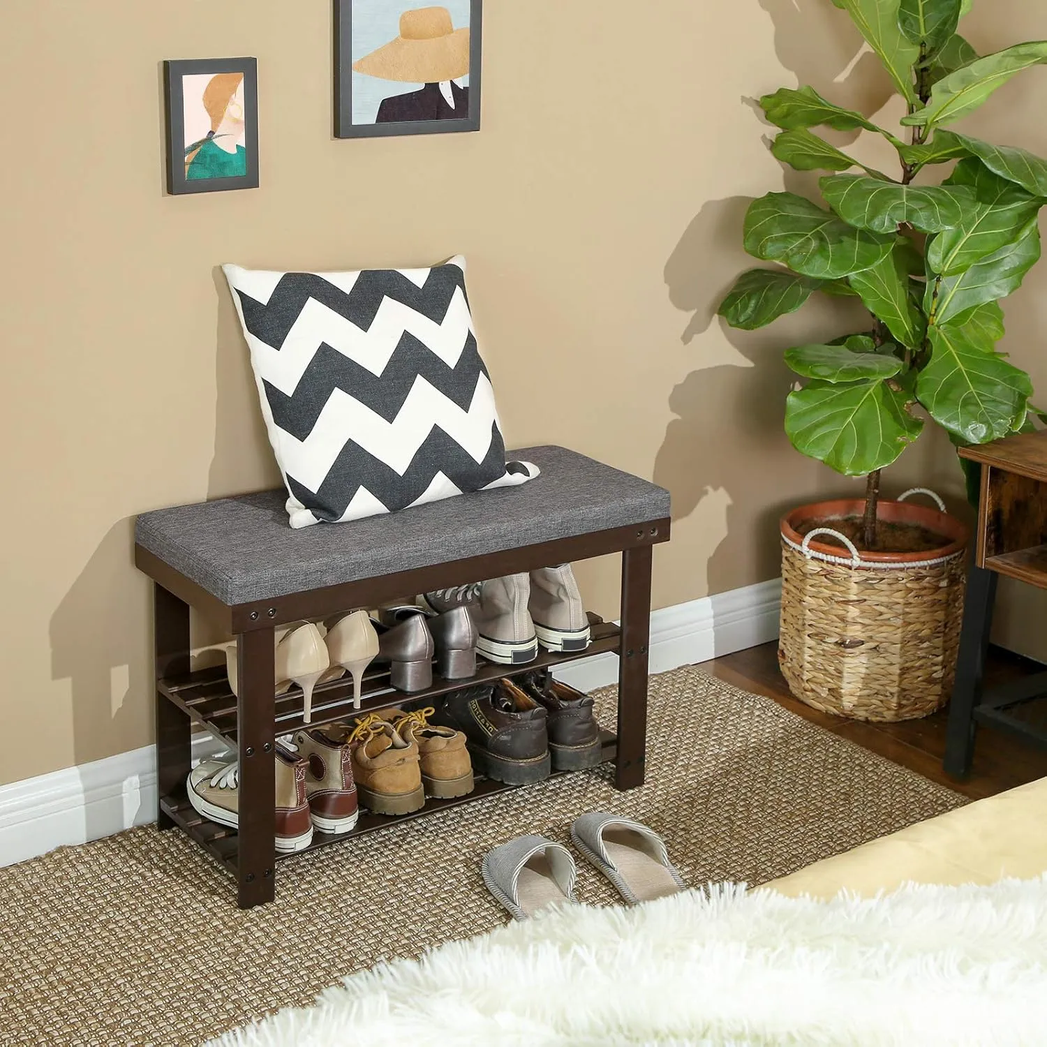 SONGMICS Bamboo Shoe Bench, 3-Tier Shoe Rack Organizer for Entryway, Living Room, Bench Seat Holds Up to 330 lb, 11.4 x 28 x 19.3 Inches, Brown and Gray ULBS604CG