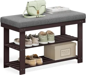 SONGMICS Bamboo Shoe Bench, 3-Tier Shoe Rack Organizer for Entryway, Living Room, Bench Seat Holds Up to 330 lb, 11.4 x 28 x 19.3 Inches, Brown and Gray ULBS604CG