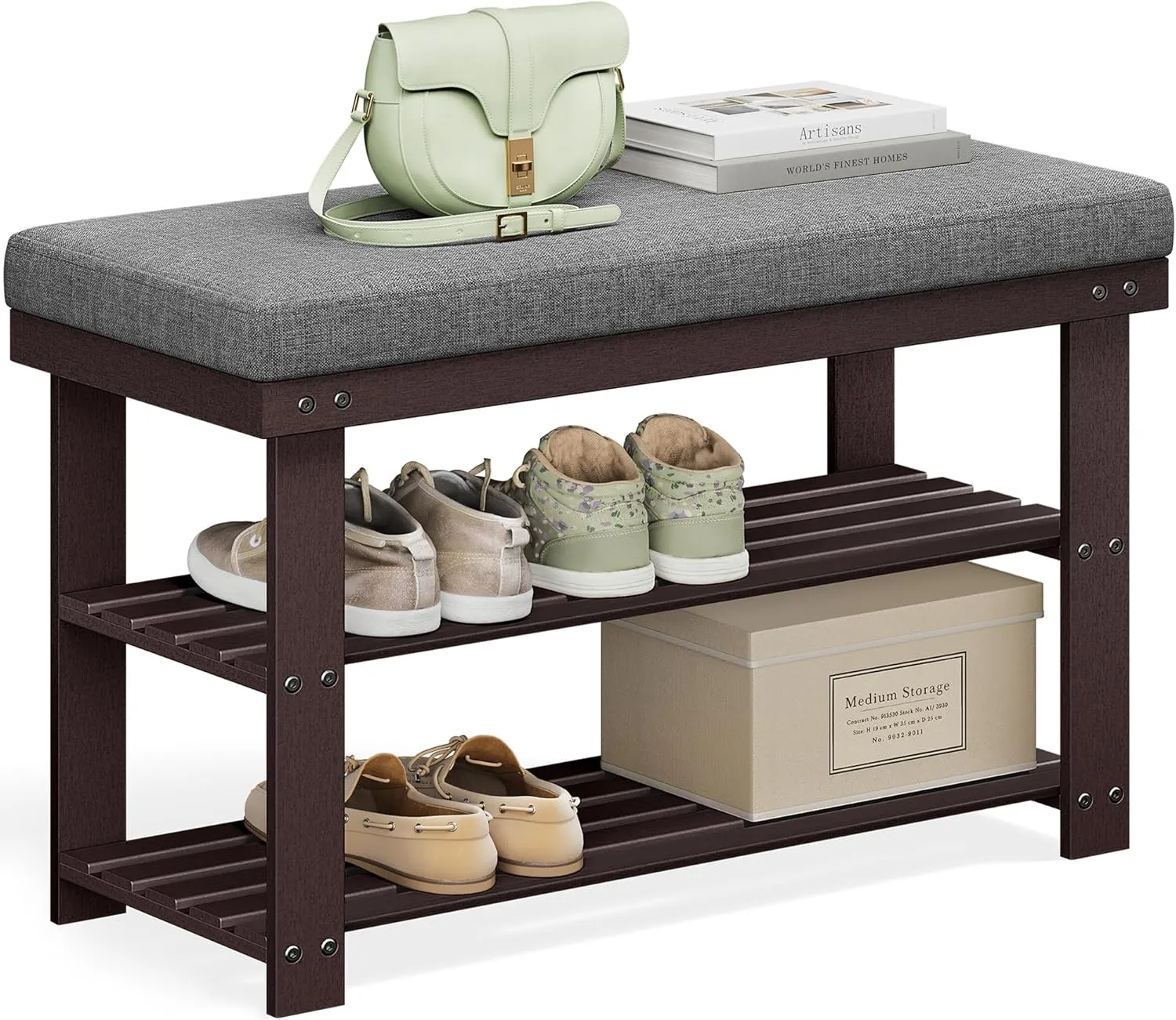 SONGMICS Bamboo Shoe Bench, 3-Tier Shoe Rack Organizer for Entryway, Living Room, Bench Seat Holds Up to 330 lb, 11.4 x 28 x 19.3 Inches, Brown and Gray ULBS604CG