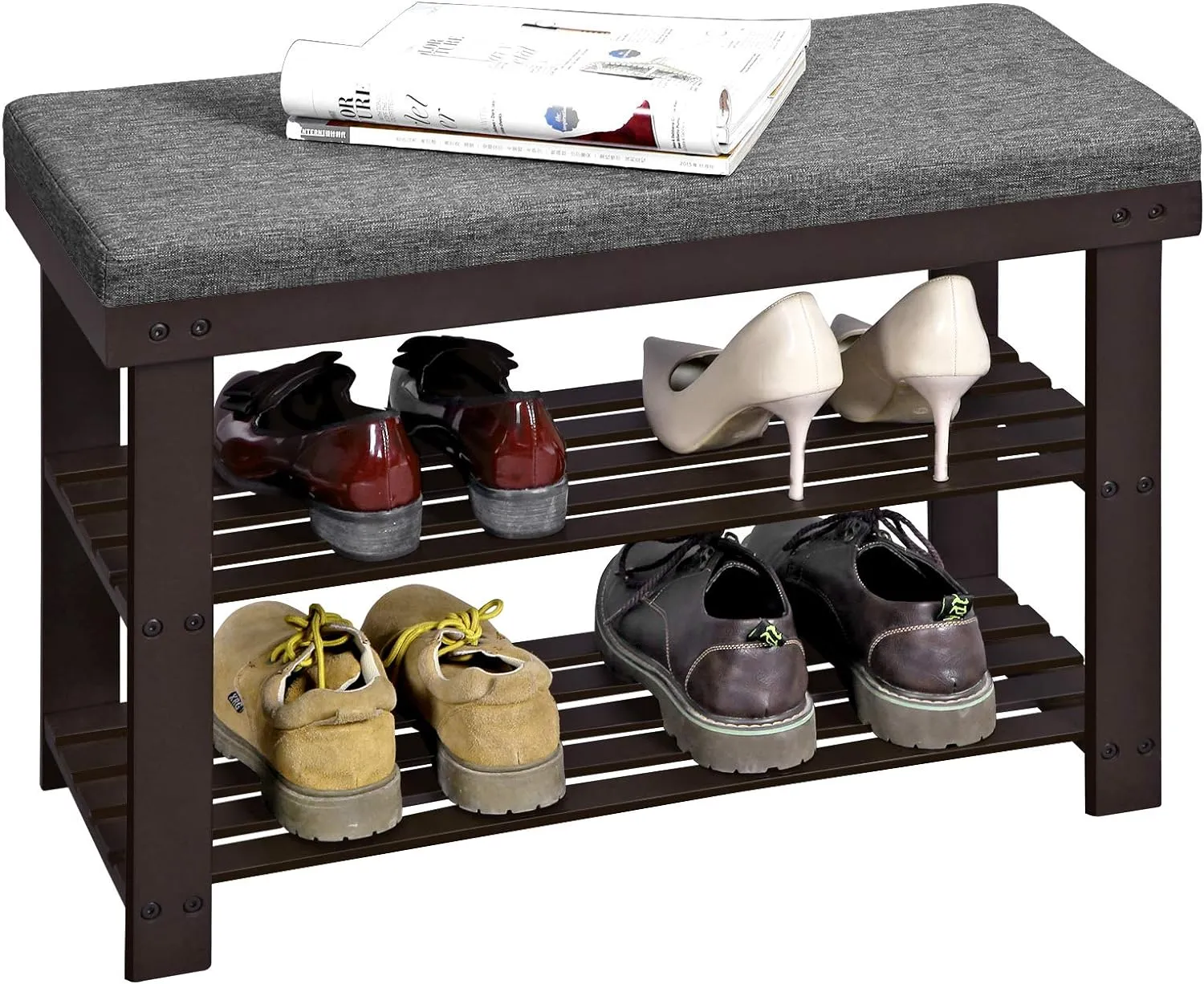 SONGMICS Bamboo Shoe Bench, 3-Tier Shoe Rack Organizer for Entryway, Living Room, Bench Seat Holds Up to 330 lb, 11.4 x 28 x 19.3 Inches, Brown and Gray ULBS604CG